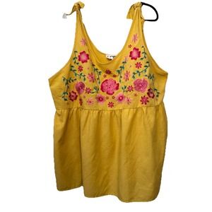 Savanna‎ Jane Mustard Yellow Pink Floral Embroidered Sleeveless Shoulder Tye Top